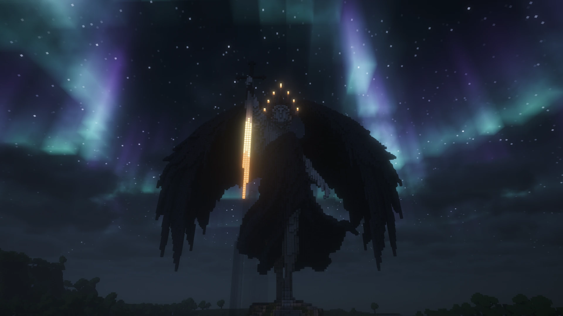 DiddyIzzy's dark angel: a towering statue with black wings and a glowing sword, under an aurora and a starry night sky.