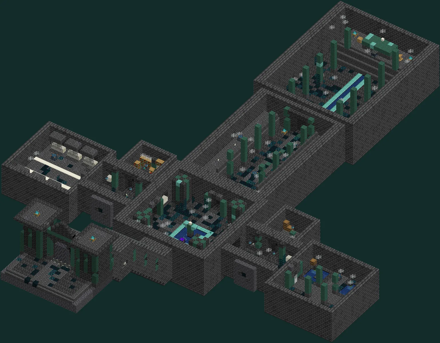 A cutaway of a Great Tomb: deepslate halls with teal pillars, flooded crypts, cobwebs and spawner rooms, roof removed.